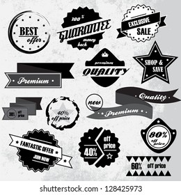 Vintage Design Elements. Labels In Retro And Vintage Style Isolated On Gray Background. Vector Illustration, Graphic Design.Lot Of Elements Useful For Design. Retro Vintage Styled Design