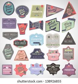 Vintage Design Elements. Labels In Retro And Vintage Style Isolated On Gray Background. Vector Illustration, Graphic Design.Lot Of Elements Useful For Design. Logo Symbols 