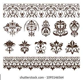 Vintage design elements ornaments frame corners curbs retro stickers and damask vector set illustration white background