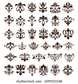 Vintage design elements ornaments frame corners curbs retro stickers and damask vector set illustration white background