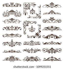 Vintage design elements ornaments frame corners curbs retro stickers and damask vector set illustration white background
