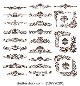 Éléments de design vintage ornements cadres coins courbures stickers rétro et ensemble d'images vectorielles damassées illustration blanc