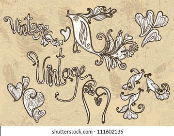 Vintage. Design elements and page decoration, birds, heart, inscription.