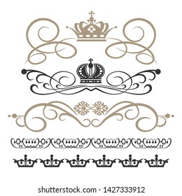 Vintage design elements for page decorations - calligraphy swirls, crowns, scroll. Vector image