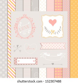 Vintage Design Elements: pink and gray pattern, frames and cute seamless backgrounds. For design  or scrap booking.