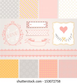 Vintage Design Elements: Pink And Gray Pattern, Frames And Cute Seamless Backgrounds. For Design Or Scrap Booking.