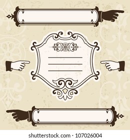  Vintage design elements with pointing hands and signboard. Space for text