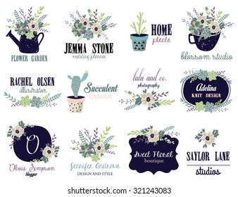 Vintage design elements. Retro style. Succulents, cactuses, labels, flowers, symbols such as logos.