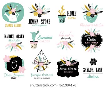 Vintage design elements. Retro style. Succulents, cactuses, labels, flowers, symbols such as logos.