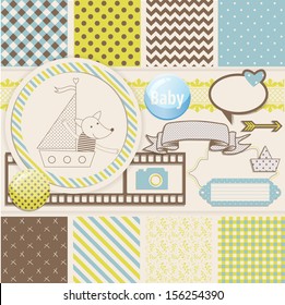 Vintage Design Elements for Scrapbook with seamless pattern and fox on a boat