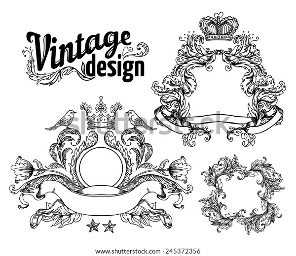 Vintage Design Elements Set Black Outlines 스톡 벡터(로열티 프리) 245372356 ...
