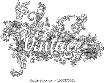 Vintage design elements set: Florals. Black outlines isolated on white. Vector illustration.