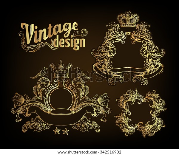 Vintage Design Elements Set Gold Outlines Stock Vector (Royalty Free ...