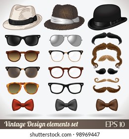 Vintage design elements set (hats/glasses/sunglasses/mustaches/bow ties) - vector illustration. Shadow and background are on separate layers. Easy editing.