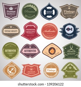 Vintage Design Elements Set. Labels In Retro And Vintage Style Isolated On Gray Background. Vector Illustration, Graphic Design.Lot Of Elements Useful For Design. Logo Symbols