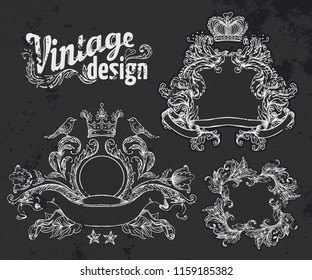 Vintage design elements set: Ribbons. Black outlines isolated on white. Vector illustration.