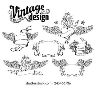 Vintage design elements set: Ribbons. Black outlines isolated on white. Vector illustration.