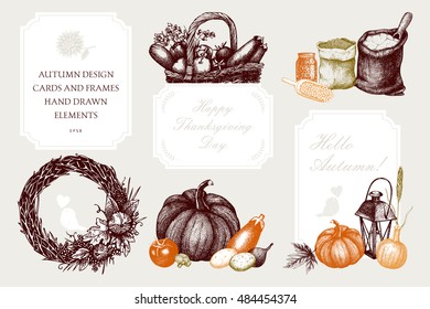 Vintage design elements set for Thanksgiving Day celebration. Vector card collection with hand drawn autumn sketch. Traditional harvest festival illustration.