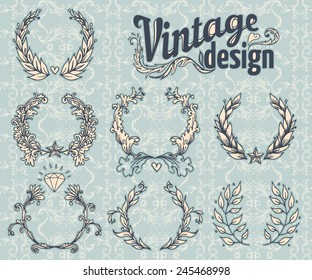 Vintage design elements set. Wreath collection. Vector illustration.