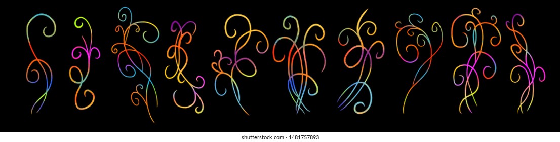 Vintage design elements. Varicoloured curly branches shapes isolated. A set of multi-colored abstract curls. Vector illustration.Vector illustration.