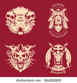 Vintage Design Emblem Tattoo Insect Warrior Japanese Style Skull with Horn and Bones Head Helmet Badge Isolated Illustration Vector