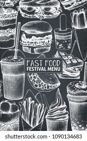 Vintage design for fast food restaurant. Vector street food menu template with hand drawn burger, milkshake, ice cream, fries, coffee, sandwiches sketch. Engraved style illustration on chalkboard