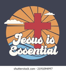 A vintage design featuring retro lettering over a Christian cross and sunset.