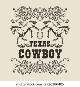 Um design vintage com dois cavalos que se criam com uma ferradura acima. As palavras caubói do Texas são exibidas proeminentemente cercadas por decorações ornamentadas destacando a cultura do caubói.