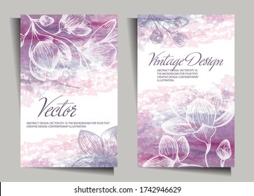 Vintage design with flowers on a watercolor background. Cover, stencil for notebook design,
books, notebooks, postcards, invitations. Vector with a retro cherry blossom.