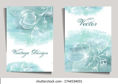 Vintage design with flowers on a watercolor background. Cover, stencil for notebook design, books, notebooks, postcards, invitations. Vector with a retro cherry blossom.