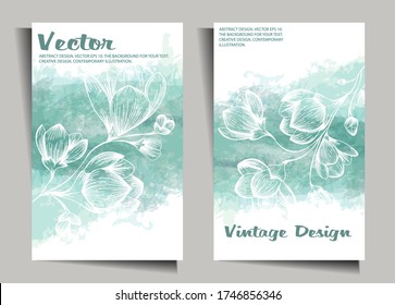 Vintage design with flowers on a watercolor background. Cover, stencil for notebook design, books, notebooks, postcards, invitations. Vector with retro cherry blossom.
