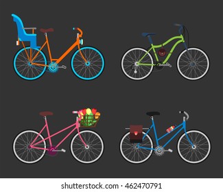 Vintage design four bicycle set. Retro old style bicycles transport wheel. Antique cycle transportation. Vector illustration