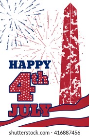 Vintage design for fourth of July Independence Day USA. Designed in american flag colors with Washigton Monument.