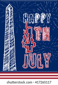 Vintage design for fourth of July Independence Day USA. Designed in american flag colors with Washigton Monument.