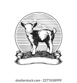 vintage design of a goat standing on a haystack with a ribbon, perfect for a logo or badge