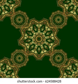 Vintage design with gold ornaments. Abstract vector seamless pattern with golden ornaments on a green backdrop.