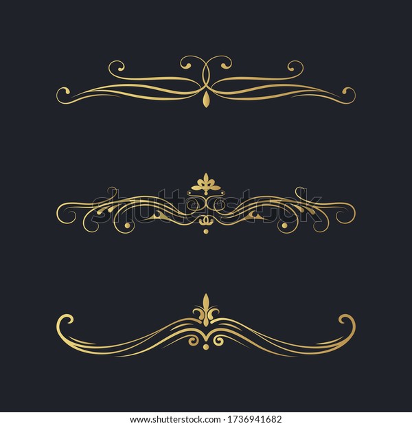 Vintage design golden\
set of filigree dividers. Vector isolated gold ornate royal\
borders. Wedding elements.\
