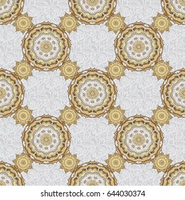 Vintage design in a gray and golden colors. Damask elegant wallpaper. Vector seamless pattern on a gray background.
