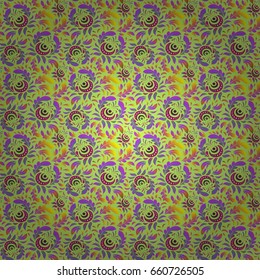 Vintage design in a gray, yellow and violet colors. Damask elegant wallpaper. Vector seamless pattern.