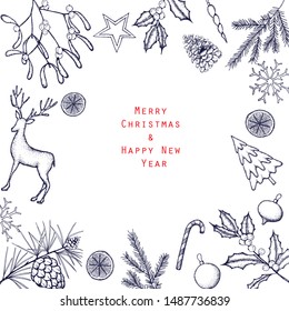 Vintage design for greeting card or invitation for Christmas selebration.Hand drawn vector background.