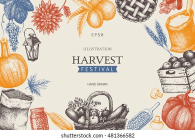 Vintage design with hand drawn harvest sketch. Vector frame with autumn illustration. Traditional Fall festival decoration. Retro template.