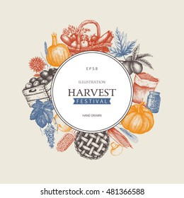 Vintage Design With Hand Drawn Harvest Sketch. Vector Frame With Autumn Illustration. Traditional Fall Festival Decoration. Retro Template.