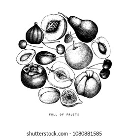 Vintage design with hand drawn ripe fruits  illustrations. Fig, apple, pear,  peach, apricot, persimmon, pomegranate, quince, grapes drawings. Vector template in circle.