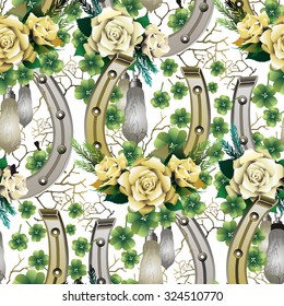 Vintage design with horseshoes, rabbit foots,roses and clover. Vector seamless pattern. Decorations for Saint Patrick's Day