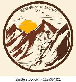 Vintage design illustration of a man climbing the mountain and the sun