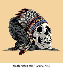 vintage design Indian skull an crow