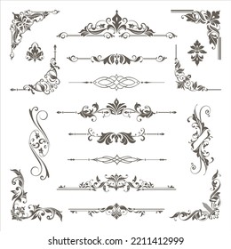 vintage design lace borders monogram logo and corners Vector set art deco floral ornaments elements
