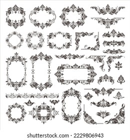 Vintage design lace borders monogram logo and corners, dividers Vector set art deco floral ornaments elements