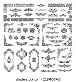 Vintage design lace borders monogram logo and corners, dividers Vector set art deco floral ornaments elements