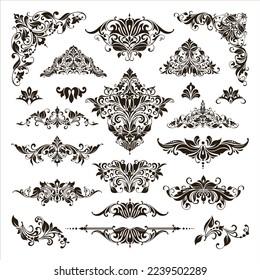 Vintage design lace borders monogram logo and corners, dividers Vector set art deco floral ornaments elements
